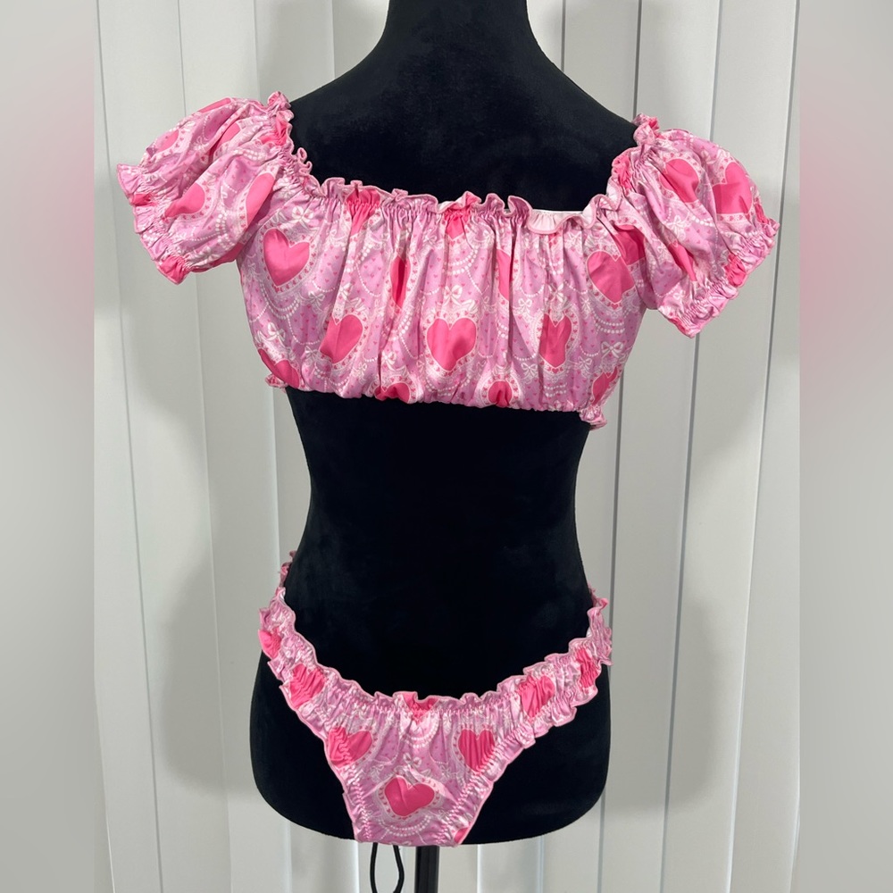 SUGAR THRILLZ Lots Of Love Heart Print Lingerie Set Off Shoulder Top Panties  XS - Picture 3 of 6